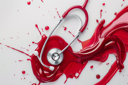 Stethoscope and spilled blood on white background. 3d rendering