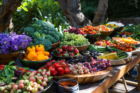 Fruits and vegetables on the table in the garden. Healthy foodの写真素材