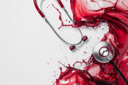 Stethoscope and blood splatter on white background with copy space