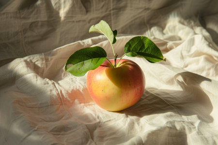 Apple with leaf on white cloth. Selective focus. Shallow depth of field.の写真素材