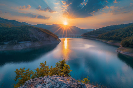 Sunset over the lake in the mountains. Beautiful summer landscape.の写真素材