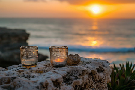 Two glasses of water on a stone at sunset on the beach.の写真素材