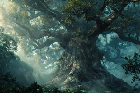 Old oak tree in the misty forest. Fantasy forest landscape.