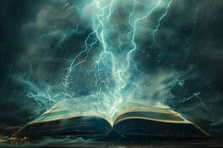 Open book with lightning and stormy sky on background. Fantasy concept