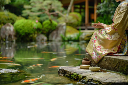 Japanese woman in traditional kimono and koi fish in pondの写真素材