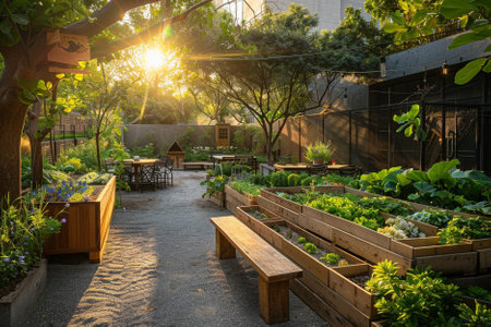 Outdoor garden with bench and wooden table in the morning light.の写真素材