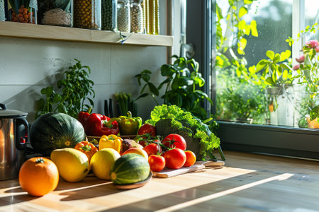 Vegetables and fruits on the kitchen table in front of the windowの写真素材