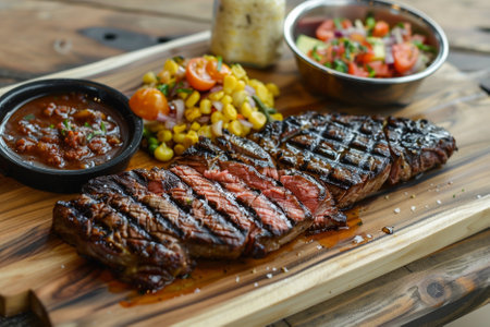 Grilled beef steak with corn and tomato sauce on a wooden boardの写真素材