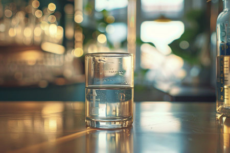 Glass of water on the table in a bar. Selective focus.