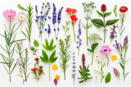 Flowers composition. Various wildflowers on white background. Flat lay, top viewの写真素材