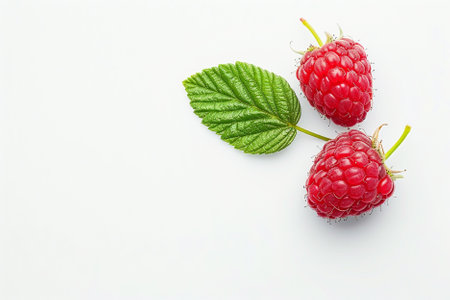 Ripe raspberries with leaves on white background, top view