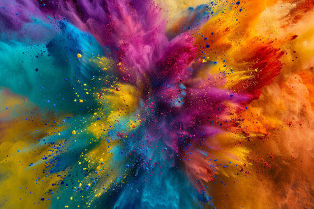 Colored powder explosion on black background. Colorful dust cloud.の写真素材