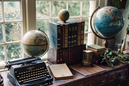 Vintage typewriter, books and globe on a table in the roomの写真素材
