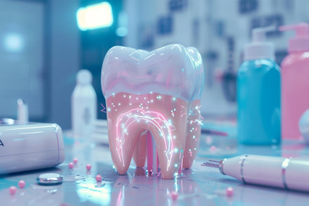 Teeth with orthodontic tools in dental clinic. 3d renderの写真素材
