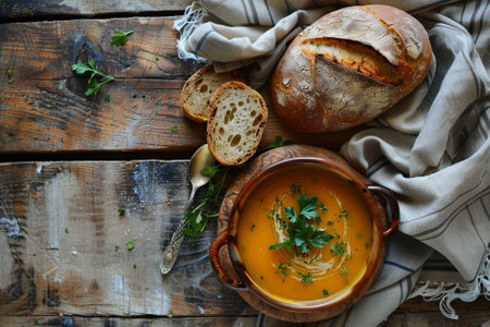 Pumpkin soup with parsley and bread on a wooden backgroundの写真素材