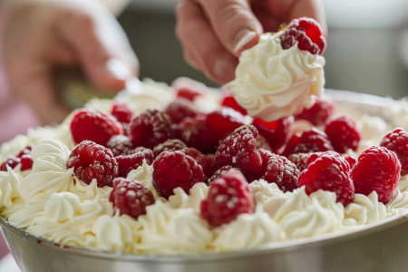 Woman's hands decorating raspberry cake with whipped cream, closeup