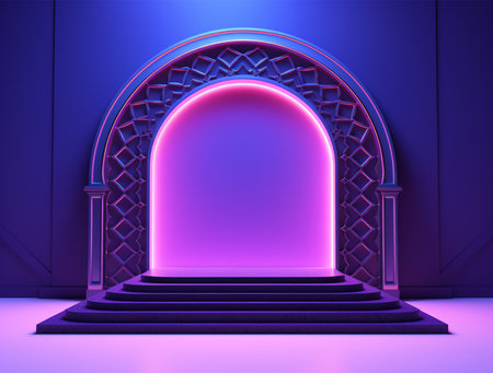 Abstract scene podium illuminated by neon light. Award ceremony concept. Stage backdrop. Vector illustrationの写真素材