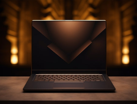 Laptop with blank screen on wooden table in dark room. 3d rendering