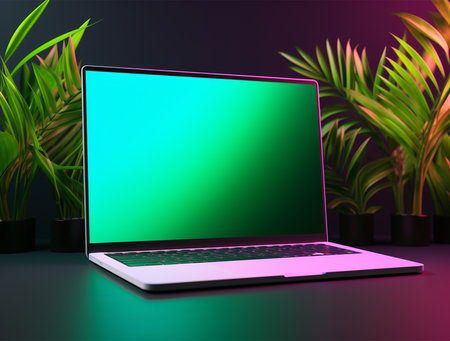 Laptop with green screen on the dark background. 3D renderingの写真素材
