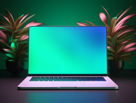 Laptop with green screen on dark background. 3D rendering.の写真素材