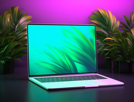 Laptop with green screen on a purple background. 3d renderingの写真素材