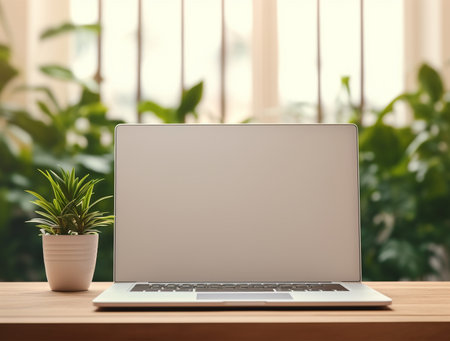Laptop with blank screen on wooden table in office. Mock up, 3D Renderingの写真素材