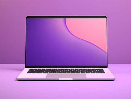 Laptop on a purple background. 3d rendering. Computer digital drawing.の写真素材