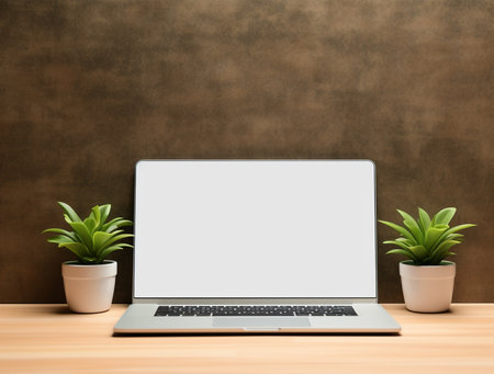Laptop with blank screen on wooden table and brown wall background.の写真素材