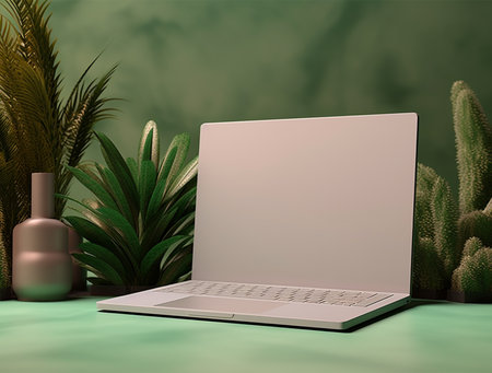 Laptop on a green background with tropical plants. 3d rendering