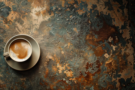 Cup of coffee on grunge background. Top view with copy space