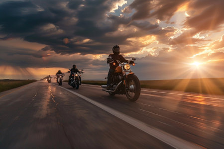 Motorcyclists riding on the road at sunset. Motorcyclists in action.の写真素材