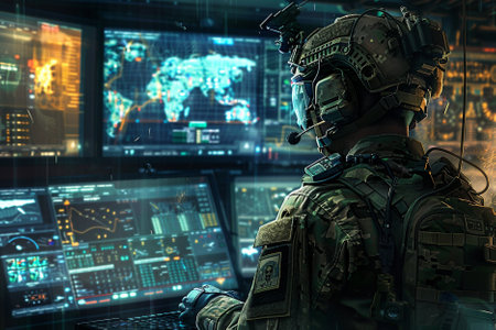 Side view of futuristic soldier in suit and helmet sitting at table. Concept of future technologies.