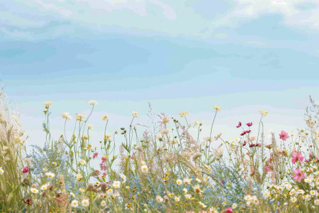 Colorful meadow with wildflowers and blue sky background.