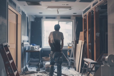 A man at work in his studio. He is painting on the wall.の写真素材