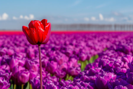Tulips in an agricultural field in spring under a blue skyの写真素材