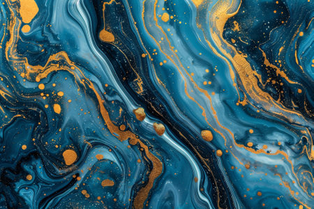 Marble abstract acrylic background. Blue marbling artwork texture. Agate ripple pattern. Gold...