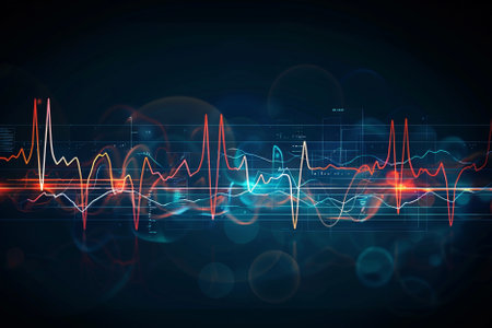 abstract background image with electrocardiogram on dark blue backdropの写真素材