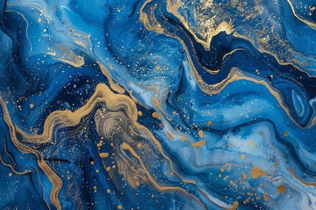 Marble abstract acrylic background. Blue marbling artwork texture. Agate ripple pattern. Gold...