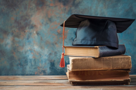 Graduation cap on stack of books on wooden table. Education backgroundの写真素材