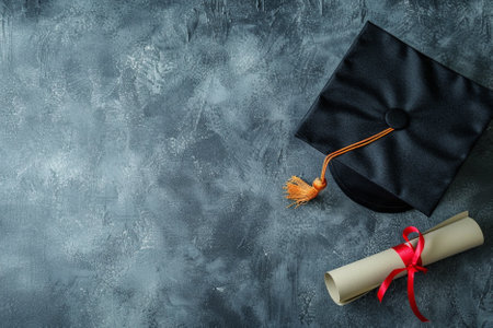 Graduation cap and diploma on grey textured background, top view