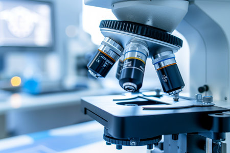 Close up of microscope in laboratory. Medical equipment. Research and development concept