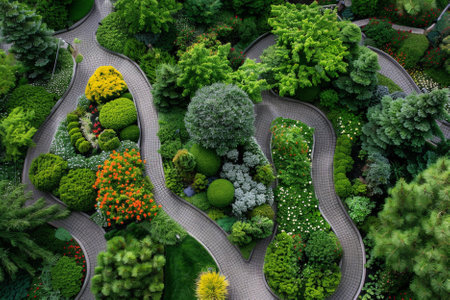 Aerial view of the beautiful flower garden. Nature landscape design.の写真素材