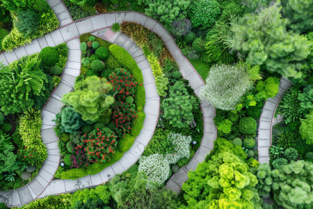 Top view of the beautiful garden with walkway in the city.の写真素材
