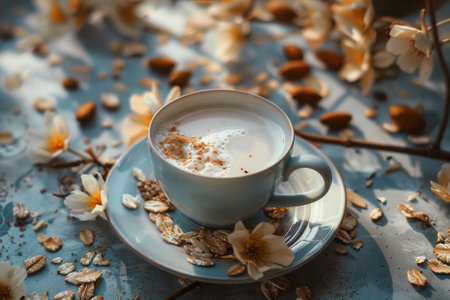 Cup of cappuccino with milk and almonds on blue table