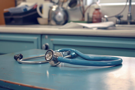 Stethoscope on a table with blurred backgroundの写真素材