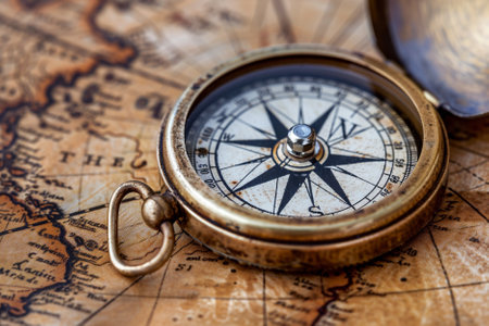Compass on old map. Travel and navigation concept. Vintage style.