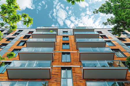 Modern apartment buildings on a sunny day with a blue sky. Facade of a modern apartment building