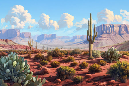 Composite image of desert landscape with cactuses and mountainsの写真素材