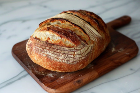 loaf of bread on wooden cutting board with white marble background.