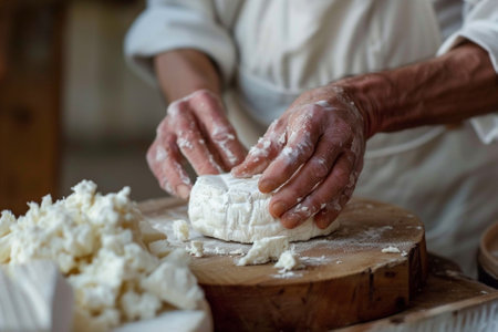 Chef kneading cheese in the kitchen, close-up